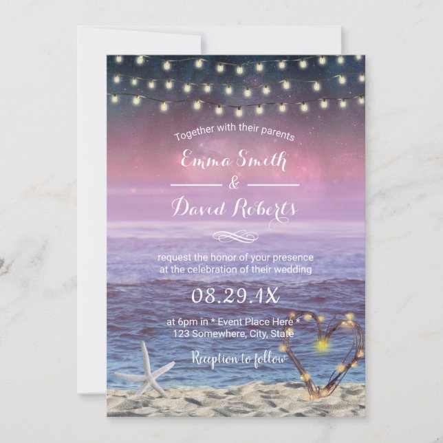 Invitación Boda de playa Starfish String ilumina el corazón d (Anverso)