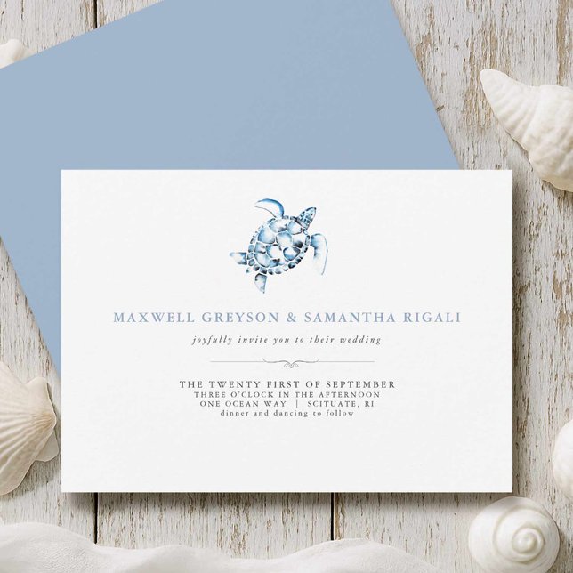 Invitación Boda de playa Tortuga del Mar Azul (Beach wedding invitations printing watercolor sea turtle art by Victoria Grigaliunas Do Tell A Belle)