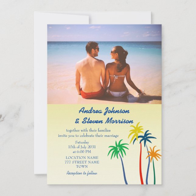 Invitación Boda de playa tropical de palmeras retro (Anverso)