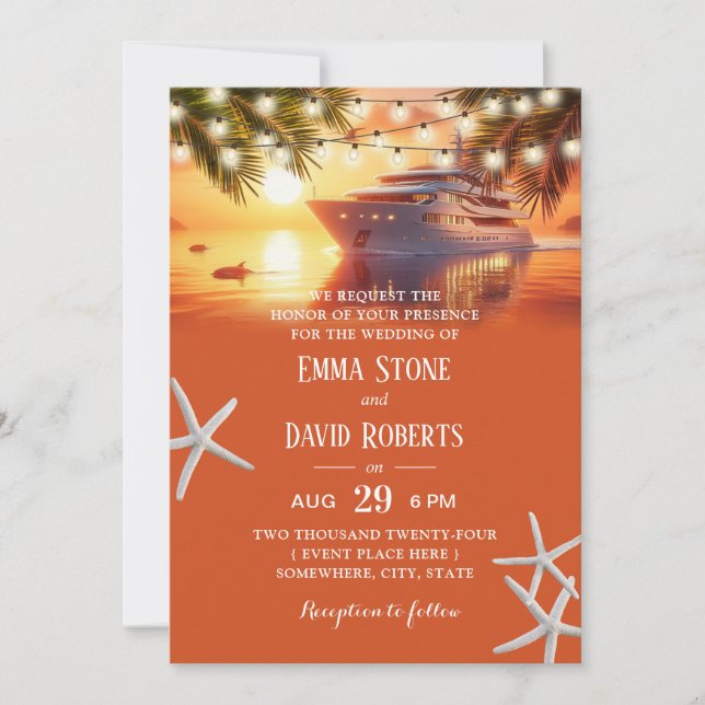 Invitación Boda de playa tropical de Sunset Yacht & Palm Tree (Anverso)