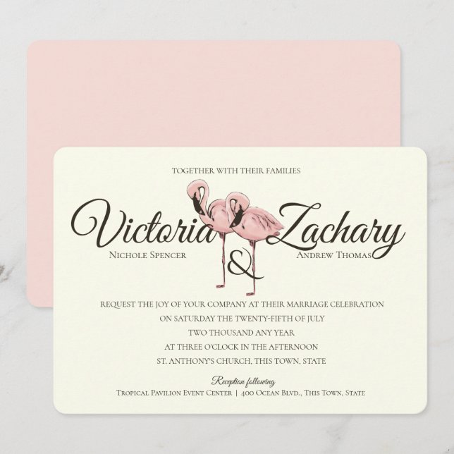 Invitación Boda de playa tropical Flamingo rosa (Anverso / Reverso)