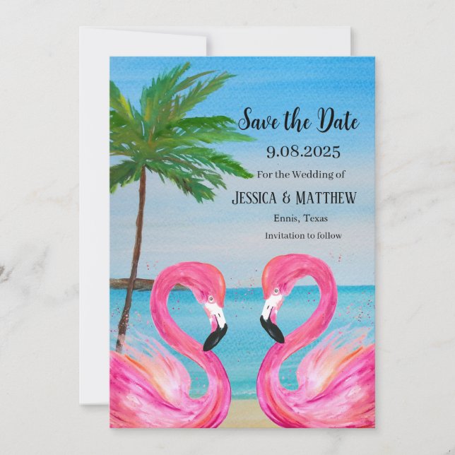 Invitación Boda de playa tropical Flamingo rosa (Anverso)