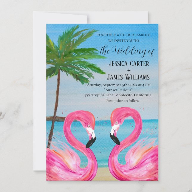Invitación Boda de playa tropical Flamingo rosa (Anverso)