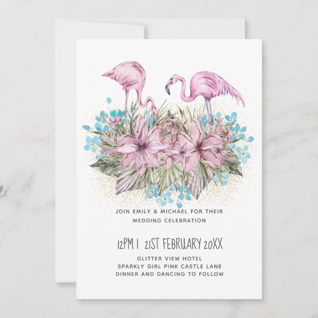 Invitación Boda de playa tropical Flamingos ruidosa (Anverso)
