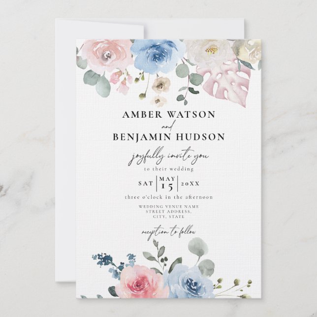 Invitación Boda de playa tropical rosa Rubor azul claro (Anverso)