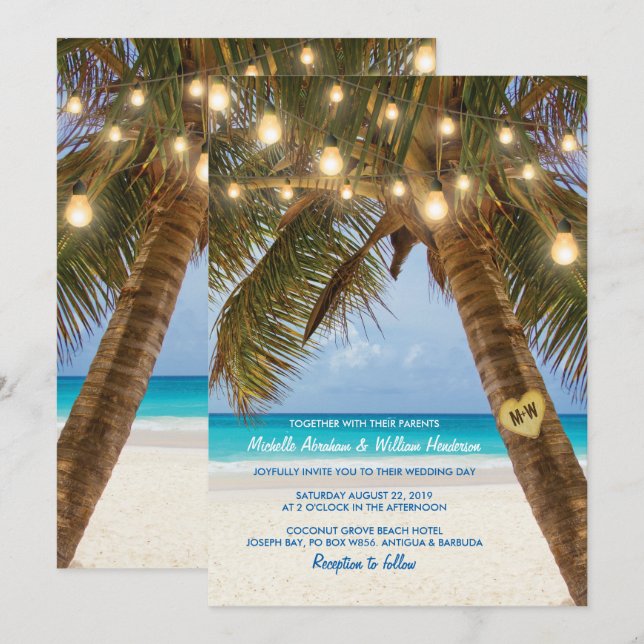 Invitación Boda de Playa Tropical y Luces de Cadena (Anverso / Reverso)