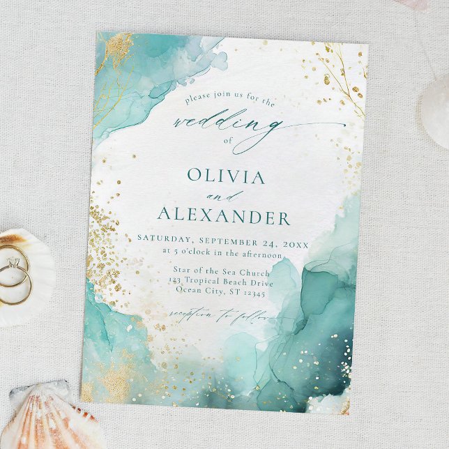 Invitación Boda de playa Verde azulada moderna con un resumen (Subido por el creador)