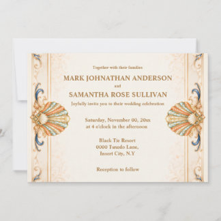 Invitación Boda de playa vintage coral azul concha