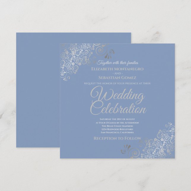 Invitación Boda de Plaza Azul Elegante Filigree Plateado (Anverso / Reverso)