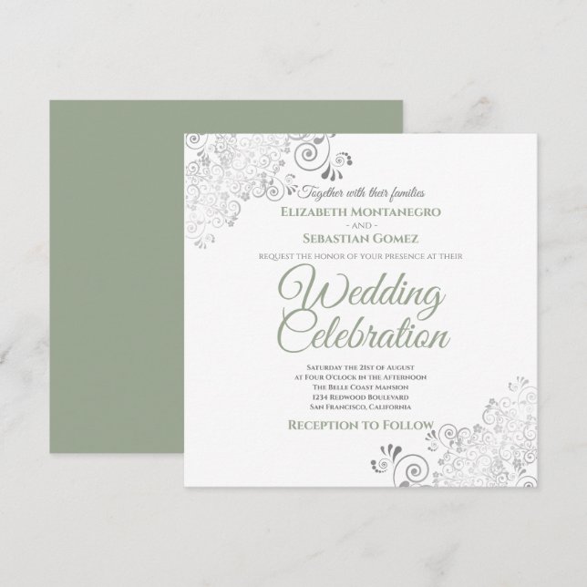 Invitación Boda de plaza blanca y verde filigrí plateado (Anverso / Reverso)