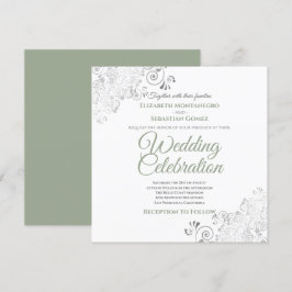 Invitación Boda de plaza blanca y verde filigrí plateado