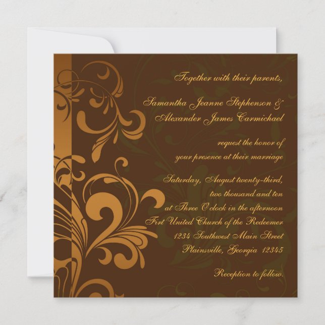 Invitación Boda de Plaza de Giro Verde/Oro marrón de castaño (Anverso)