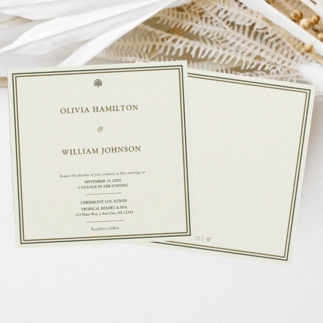Invitación Boda de Plaza de Monograma Clásico de Marfil y Oro (Minimalist ivory & gold wedding invite with monogram back — refined & timeless design.)
