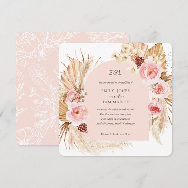 Invitación boda de Plaza Floral Boho de Grass Pampas rosa Rub (Anverso / Reverso)