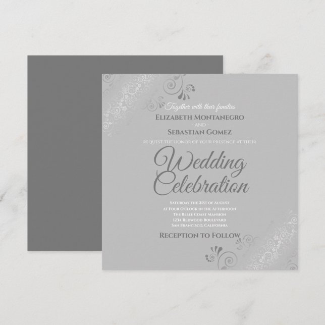Invitación Boda de Plaza Gris Elegante de Plata Filigrés (Anverso / Reverso)
