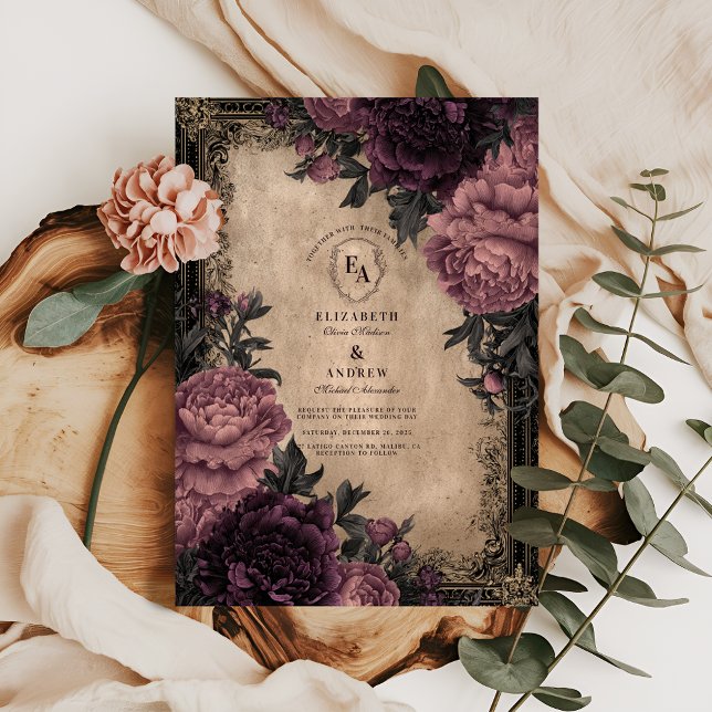 Invitación Boda de Plum Peony Romance oscuro (Subido por el creador)