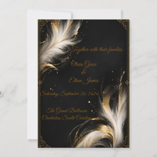 Invitación Boda de pluma abstracta de oro negro de lujo