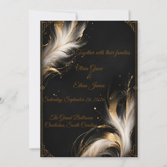 Invitación Boda de pluma abstracta de oro negro de lujo (Anverso)