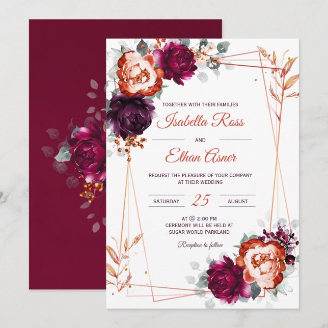 Invitación Boda de Pluma, Mauve y Naranja personalizado (Anverso / Reverso)