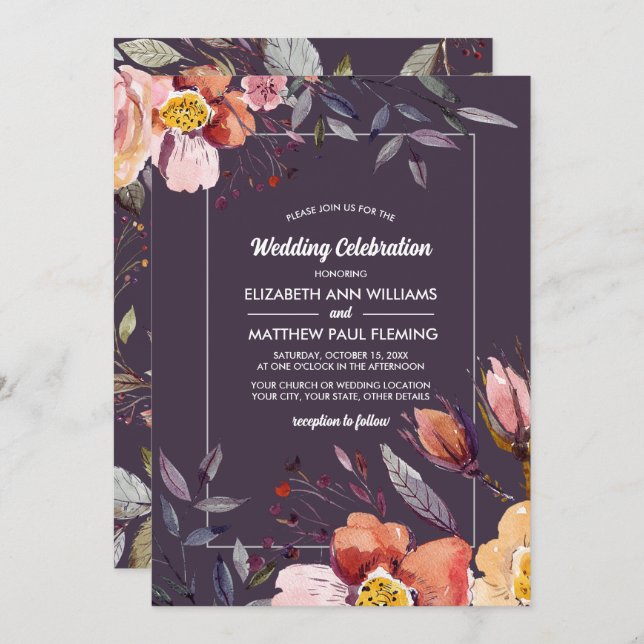 Invitación Boda de plumas acuáticas de las flores de otoño (Anverso / Reverso)