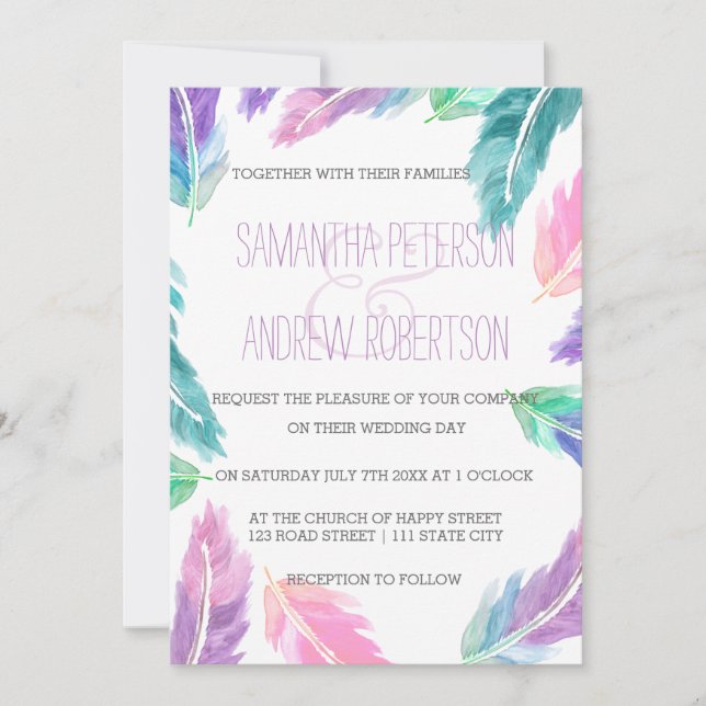 Invitación Boda de plumas acuáticas pintadas (Anverso)