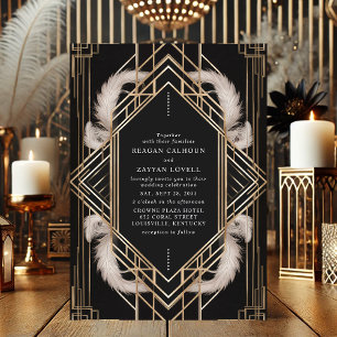 Invitación Boda de plumas de estilo Art Deco negro y dorado