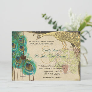 Invitación Boda de plumas de jaula de pavo real medieval vint