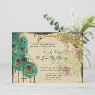 Invitación Boda de plumas de jaula de pavo real medieval vint