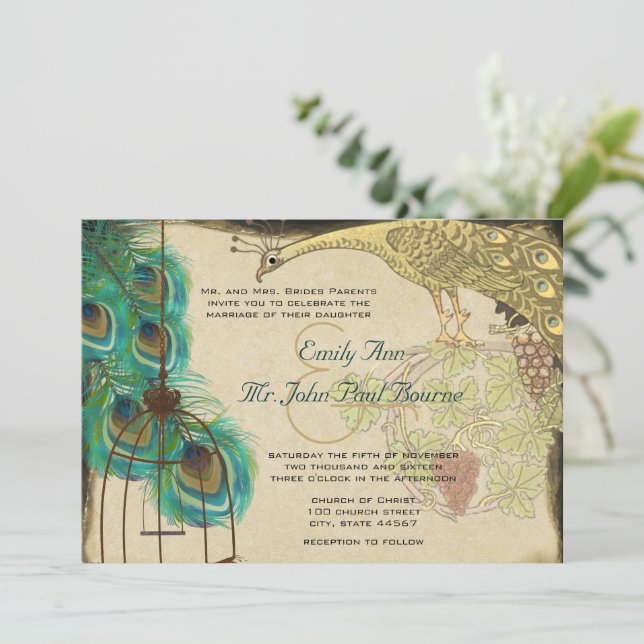 Invitación Boda de plumas de jaula de pavo real medieval vint (Anverso de pie)