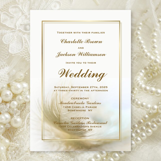 Invitación Boda de plumas de marco dorado (Subido por el creador)