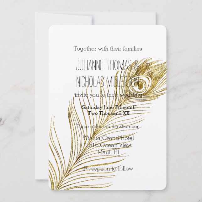 Invitación Boda de plumas de oro Glam Peacock (Anverso)
