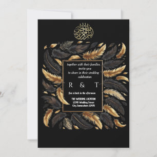 Invitación boda de plumas de oro y negro