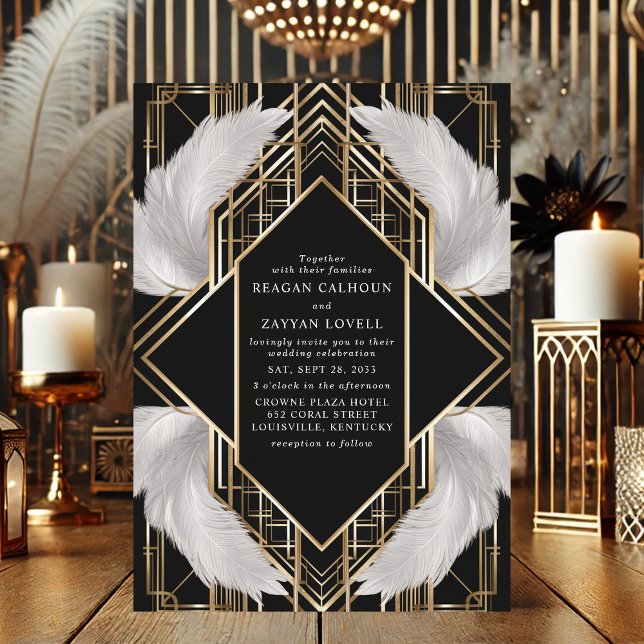 Invitación Boda de plumas de oro y negro Art Deco (Subido por el creador)