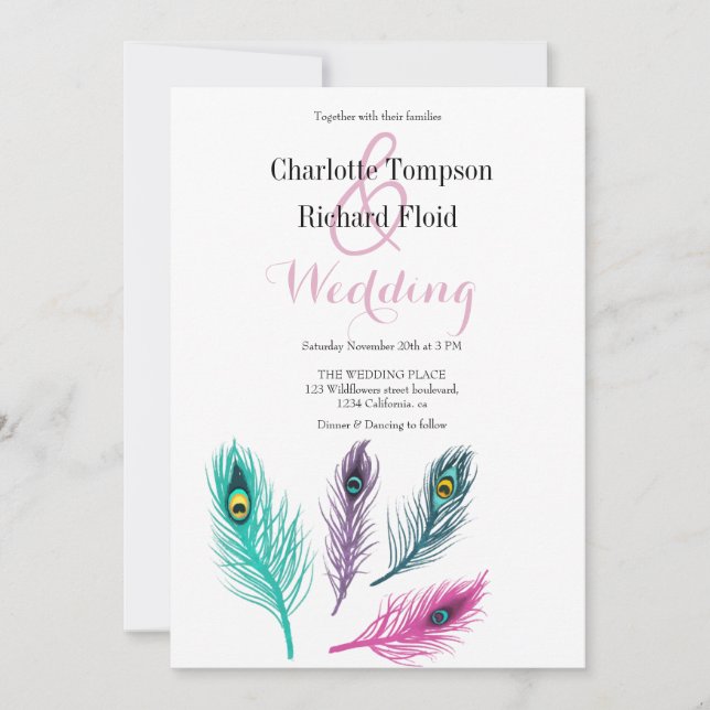 Invitación Boda de plumas de pavo real acuático (Anverso)