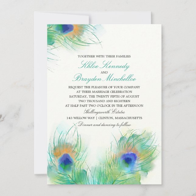 Invitación Boda de plumas de pavo real acuático (Anverso)