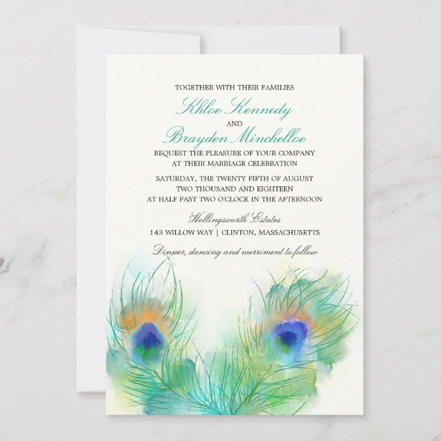 Invitación Boda de plumas de pavo real acuático (Anverso)