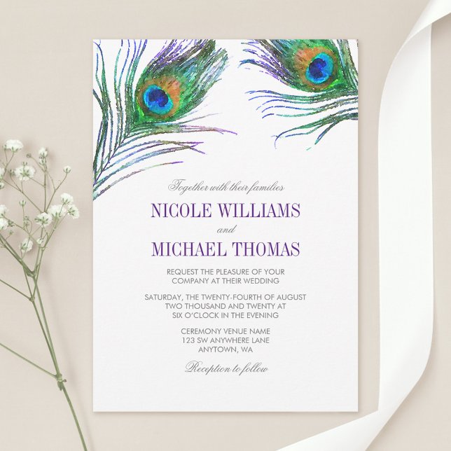 Invitación Boda de plumas de pavo real acuático (Subido por el creador)