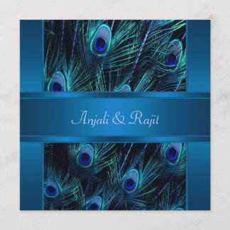 Invitación Boda de plumas de pavo real azul real púrpura