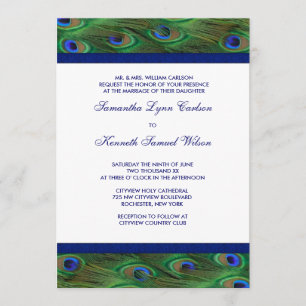 Invitación Boda de plumas de pavo real azul verde esmeralda