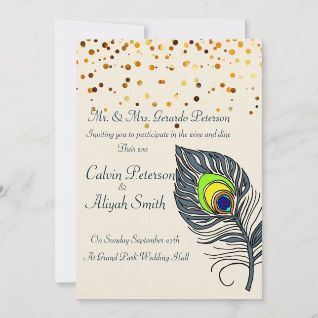 Invitación Boda de plumas de pavo real de confetti de oro (Anverso)