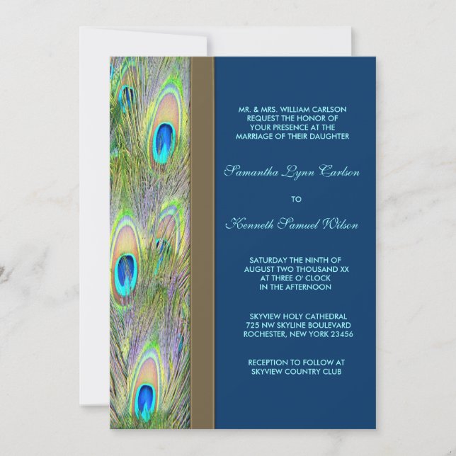 Invitación Boda de plumas de pavo real de oro azul (Anverso)