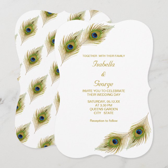 Invitación Boda de plumas de pavo real elegantes (Anverso / Reverso)