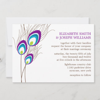 Invitación Boda de plumas de pavo real morado