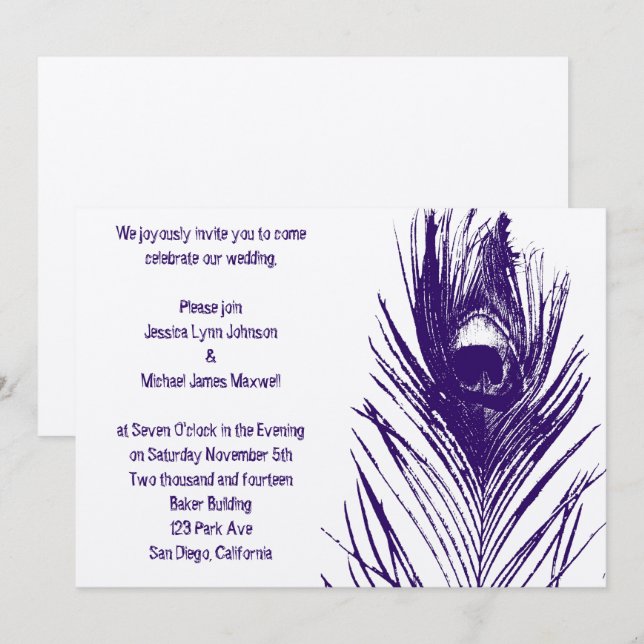 Invitación Boda de plumas de pavo real morado (Anverso / Reverso)