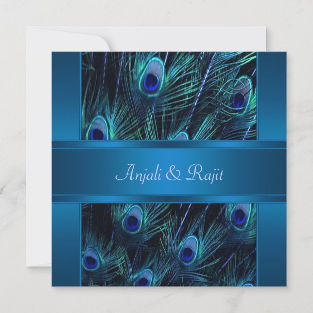 Invitación Boda de plumas de pavo real morado azul (Anverso)