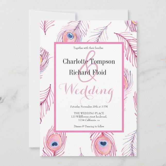 Invitación Boda de plumas de pavo real rosado (Anverso)