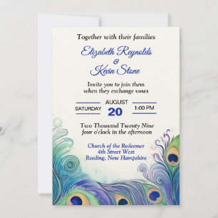 Invitación Boda de plumas de pavo real verdes y azules pastel
