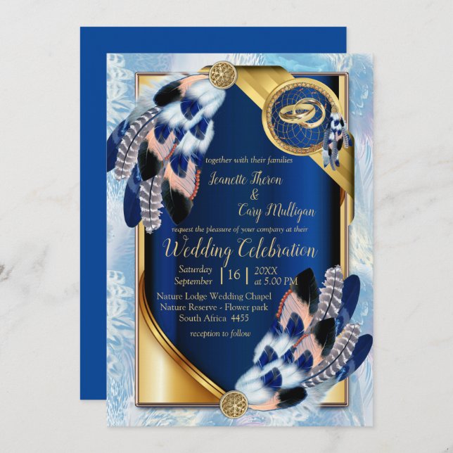 Invitación Boda de plumas de tono azul de loro exótico (Anverso / Reverso)