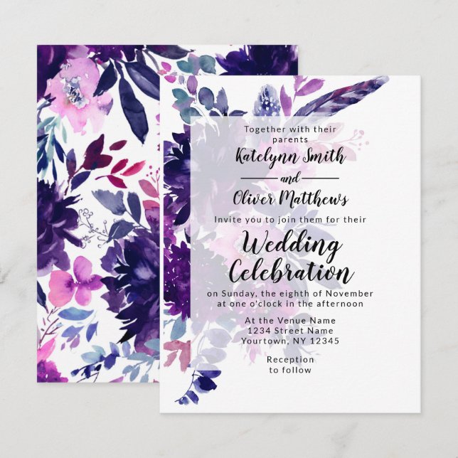 Invitación Boda de plumas moradas violetas florales encantada (Anverso / Reverso)