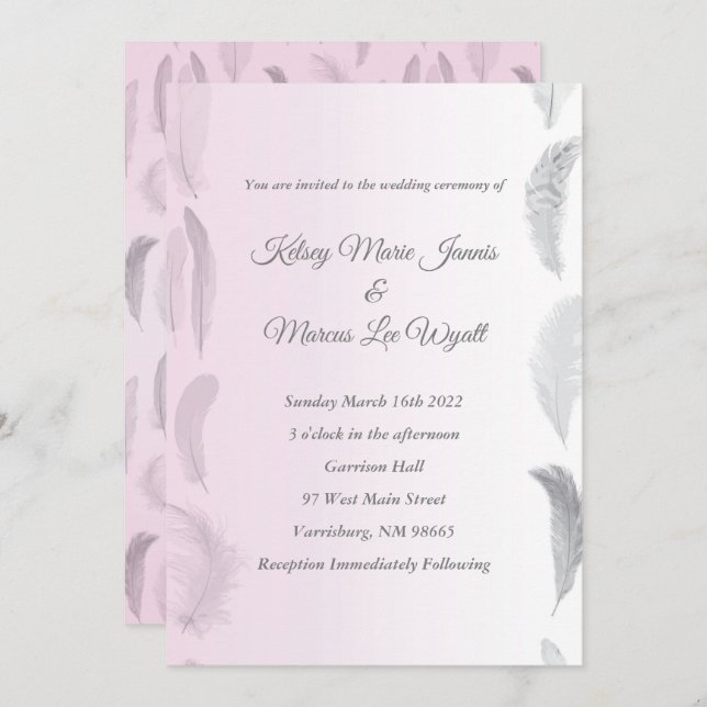 Invitación Boda de plumas rosadas grises (Anverso / Reverso)